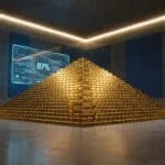 Une pyramide de lingots d'or dans un coffre-fort futuriste avec un affichage numérique affichant 87%.