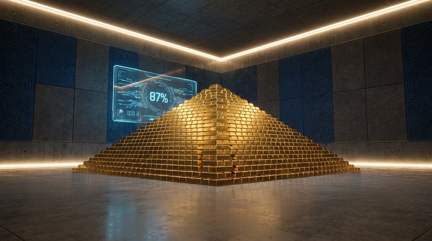 Une pyramide de lingots d'or dans un coffre-fort futuriste avec un affichage numérique affichant 87%.