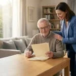Une femme bienveillante accompagne un homme âgé qui s'apprête à signer des documents officiels sur une table.
