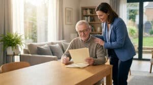 Une femme bienveillante accompagne un homme âgé qui s'apprête à signer des documents officiels sur une table.