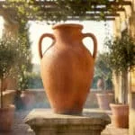 Une grande amphore en terre cuite sur un socle en pierre au milieu d'une terrasse ensoleillée avec des oliviers.