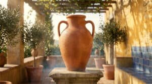 Une grande amphore en terre cuite sur un socle en pierre au milieu d'une terrasse ensoleillée avec des oliviers.