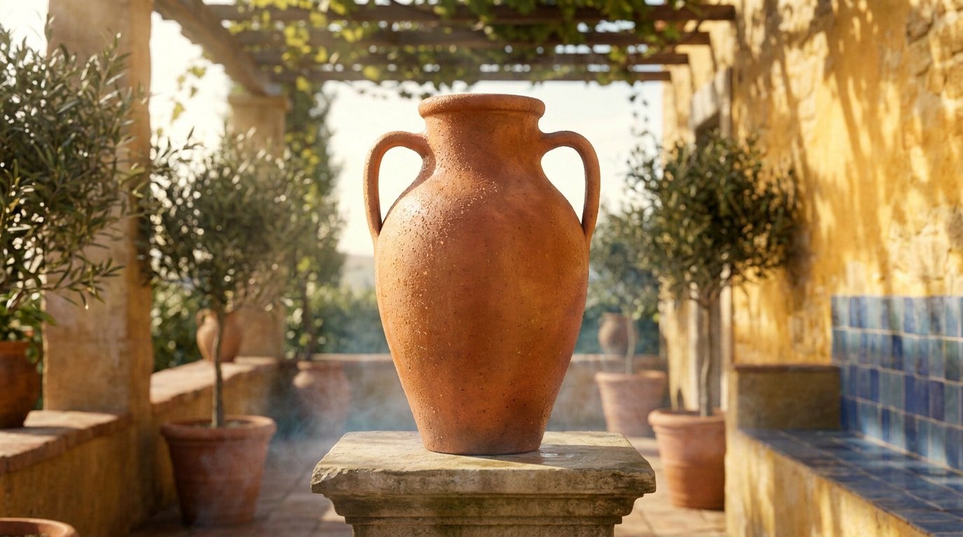 Une grande amphore en terre cuite sur un socle en pierre au milieu d'une terrasse ensoleillée avec des oliviers.