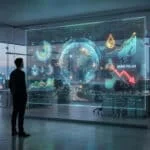 Un analyste regarde une interface numérique holographique affichant des données boursières et le globe terrestre.