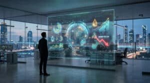 Un analyste regarde une interface numérique holographique affichant des données boursières et le globe terrestre.