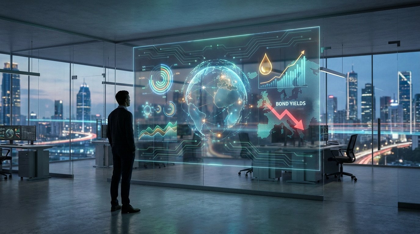 Un analyste regarde une interface numérique holographique affichant des données boursières et le globe terrestre.
