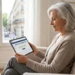 Une femme âgée souriante consulte son certificat de vie sur une tablette numérique, assise confortablement chez elle.