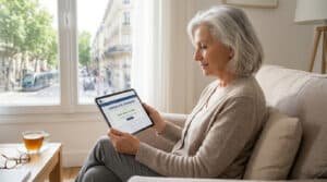Une femme âgée souriante consulte son certificat de vie sur une tablette numérique, assise confortablement chez elle.
