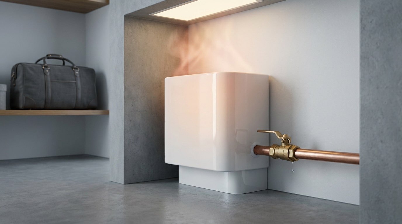 Un chauffe-eau blanc dégageant de la fumée dans un espace intérieur moderne, illustrant un risque de surchauffe.