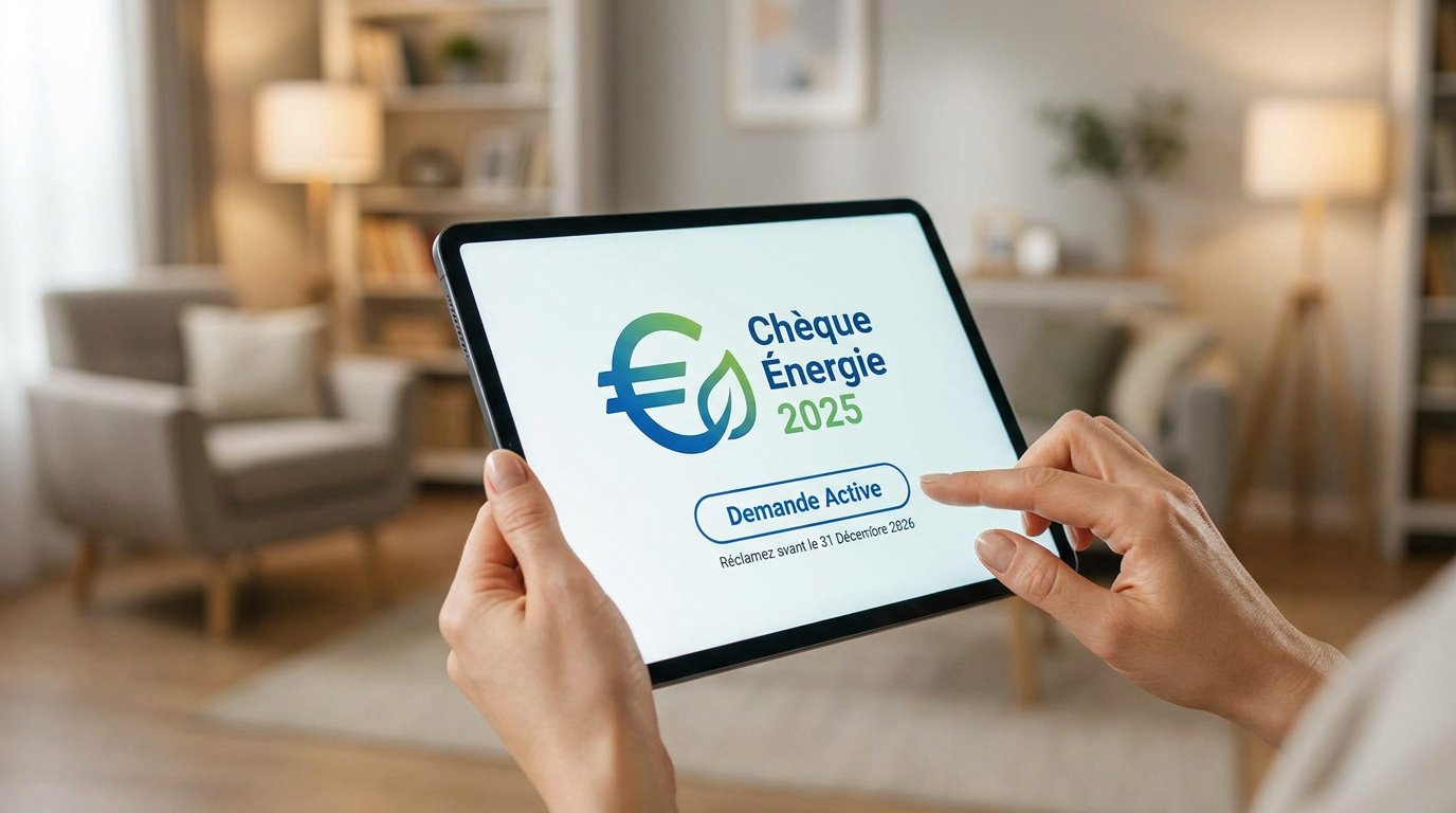Mains tenant une tablette affichant le logo Chèque Énergie 2025 avec un bouton pour effectuer la demande.