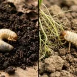Comparaison visuelle entre une larve de cétoine dans le terreau et une larve de hanneton grignotant des racines.