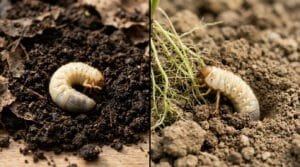 Comparaison visuelle entre une larve de cétoine dans le terreau et une larve de hanneton grignotant des racines.