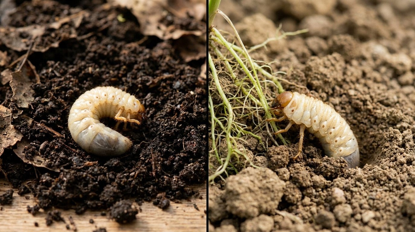 Comparaison visuelle entre une larve de cétoine dans le terreau et une larve de hanneton grignotant des racines.