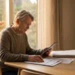 Un retraité assis à une table en bois, utilisant une tablette numérique et examinant des documents administratifs.