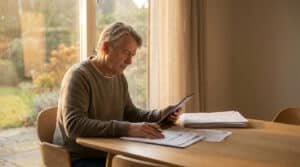 Un retraité assis à une table en bois, utilisant une tablette numérique et examinant des documents administratifs.