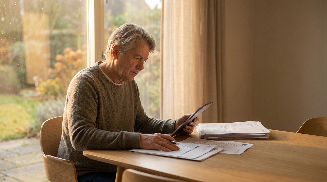 Un retraité assis à une table en bois, utilisant une tablette numérique et examinant des documents administratifs.