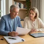 Un couple de personnes âgées assis à une table examine des documents financiers et une tablette numérique.