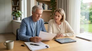 Un couple de personnes âgées assis à une table examine des documents financiers et une tablette numérique.