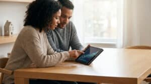 Un couple consulte un graphique financier sur une tablette numérique autour d'une table en bois.