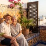 Couple de retraités souriant sur une terrasse ensoleillée avec des carreaux décoratifs et des fleurs.