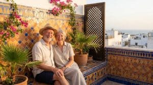 Couple de retraités souriant sur une terrasse ensoleillée avec des carreaux décoratifs et des fleurs.