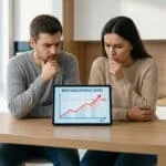 Un couple inquiet regarde une tablette affichant un graphique de hausse des taux de crédit immobilier jusqu'à 4 %.