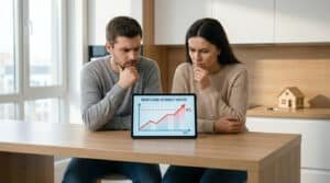 Un couple inquiet regarde une tablette affichant un graphique de hausse des taux de crédit immobilier jusqu'à 4 %.