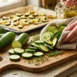Mains versant de l'huile sur des tranches de courgettes fraîches avec des herbes sur une planche en bois.