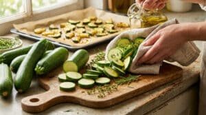 Mains versant de l'huile sur des tranches de courgettes fraîches avec des herbes sur une planche en bois.