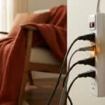 Multiprise surchargée avec traces de brûlure branchée au mur dans un salon automnal.