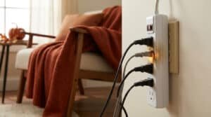 Multiprise surchargée avec traces de brûlure branchée au mur dans un salon automnal.
