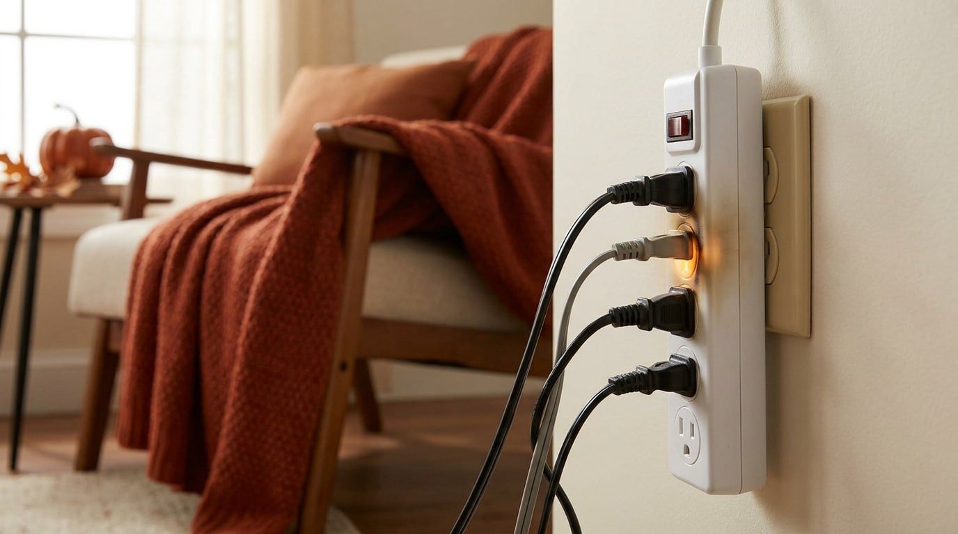 Multiprise surchargée avec traces de brûlure branchée au mur dans un salon automnal.