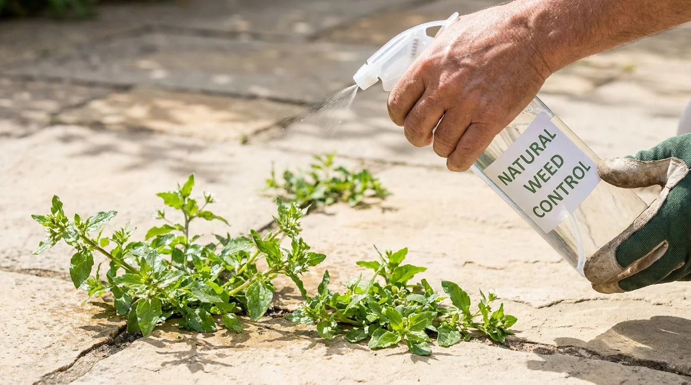 Une main gantée pulvérise un produit naturel sur des mauvaises herbes entre les dalles d'une terrasse.