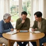 Trois générations d'une famille discutant autour d'une tablette et de carnets dans un salon lumineux.