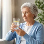 Une femme âgée aux cheveux gris assise dans un fauteuil, tenant un verre d'eau citronnée.