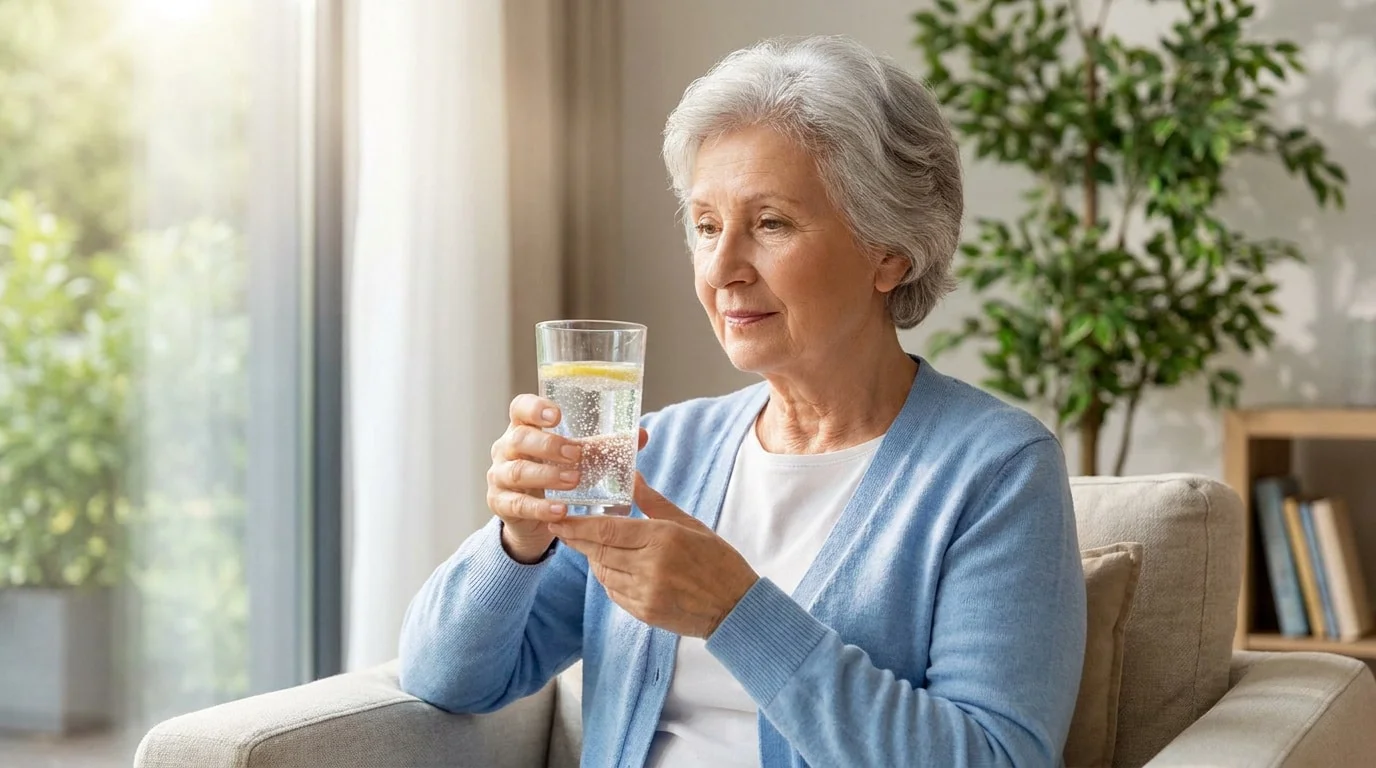 Une femme âgée aux cheveux gris assise dans un fauteuil, tenant un verre d'eau citronnée.