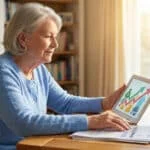 Une femme âgée consulte des graphiques financiers sur une tablette numérique chez elle.