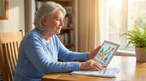 Une femme âgée consulte des graphiques financiers sur une tablette numérique chez elle.