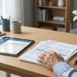 Une personne consulte des documents de planification successorale et une tablette avec des données bancaires sur un bureau.