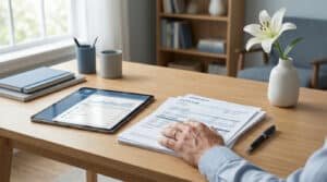 Une personne consulte des documents de planification successorale et une tablette avec des données bancaires sur un bureau.