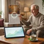 Un homme âgé assis dans un salon, tenant un calendrier de novembre et regardant une tablette affichant une courbe de hausse.
