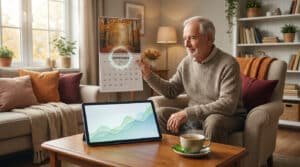 Un homme âgé assis dans un salon, tenant un calendrier de novembre et regardant une tablette affichant une courbe de hausse.