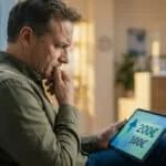 Un homme inquiet regarde une tablette affichant une hausse du plafond des franchises médicales de 100€ à 200€.