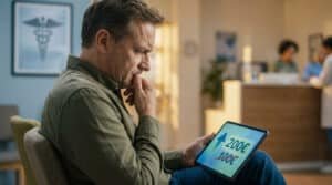 Un homme inquiet regarde une tablette affichant une hausse du plafond des franchises médicales de 100€ à 200€.
