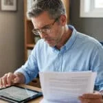 Un père concentré travaillant sur des documents financiers et une tablette numérique dans un bureau à domicile.