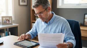 Un père concentré travaillant sur des documents financiers et une tablette numérique dans un bureau à domicile.