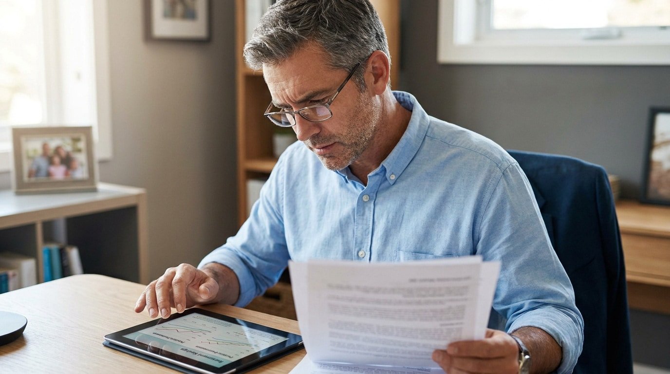Un père concentré travaillant sur des documents financiers et une tablette numérique dans un bureau à domicile.