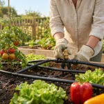 Une personne gantée installe un système d'arrosage goutte-à-goutte dans un potager avec des tomates et des poivrons.