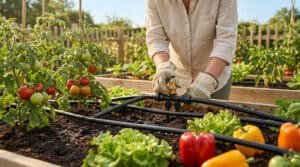 Une personne gantée installe un système d'arrosage goutte-à-goutte dans un potager avec des tomates et des poivrons.
