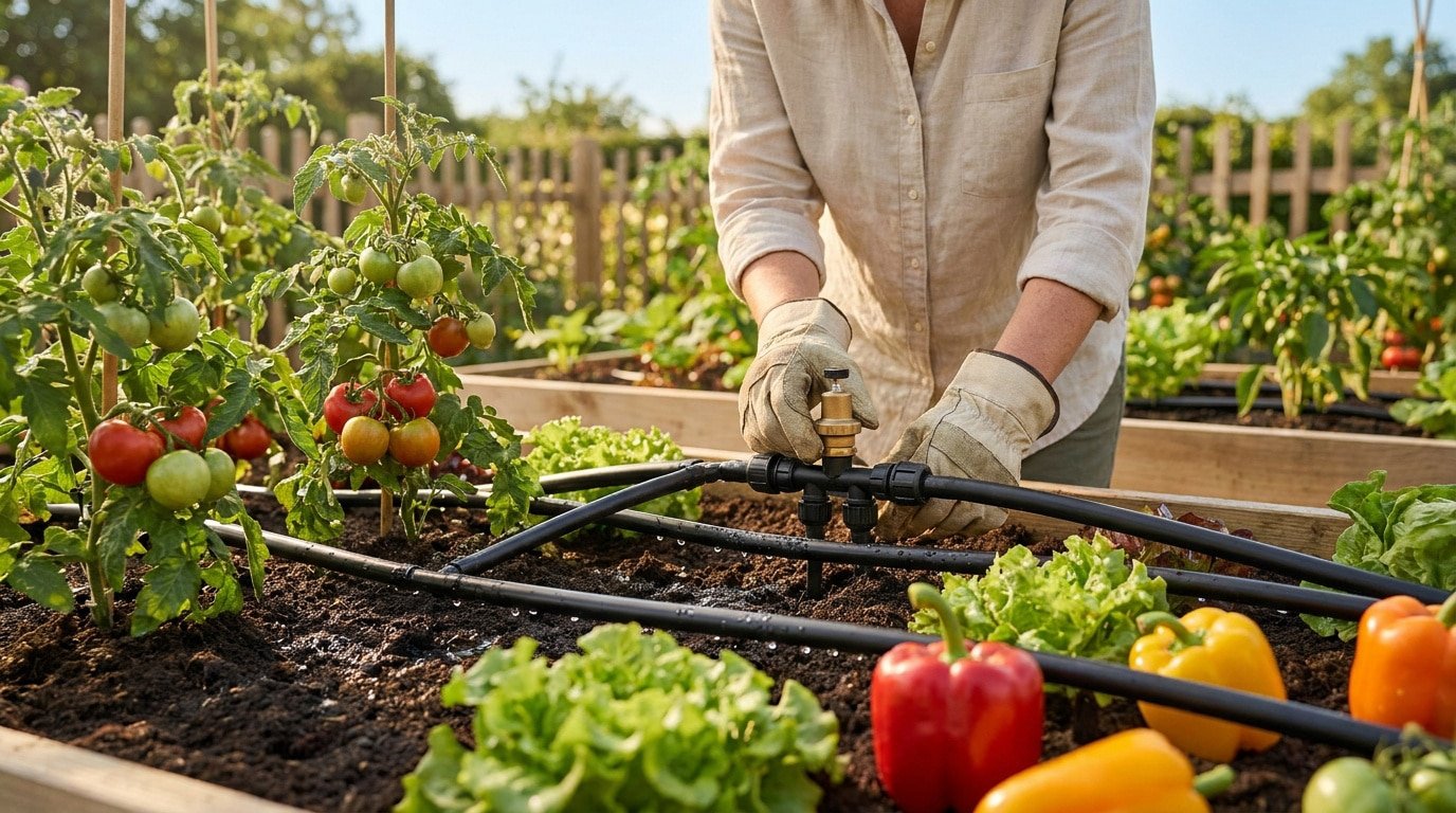 Une personne gantée installe un système d'arrosage goutte-à-goutte dans un potager avec des tomates et des poivrons.